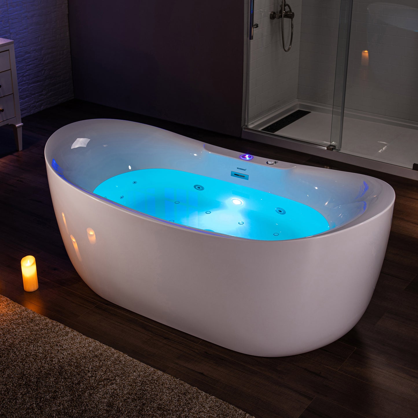 Woodbridge BJ400 72" freestanding whirlpool and air bubble heated soaking bathtub with LED control panel, full view of luxurious oval design.jpg
