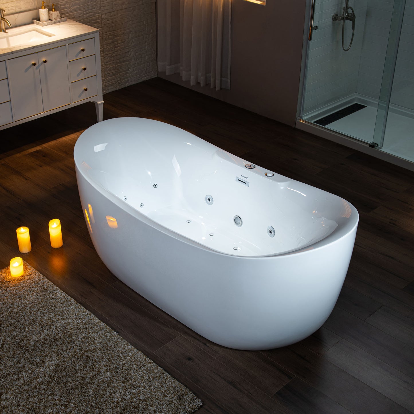 Woodbridge BJ400 72-inch whirlpool and air bubble freestanding heated soaking tub installed in modern master bathroom.jpg