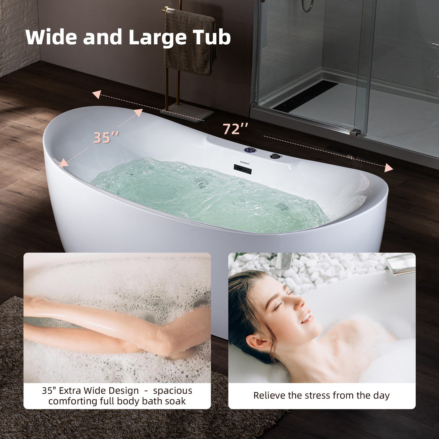 WOODBRIDGE BM400 72" x 35-3/8" Whirlpool Water Jetted and Air Bubble Freestanding Heated Soaking Combination Bathtub with LED Control Panel, Matte Black Finish Trim and Drain Kit
