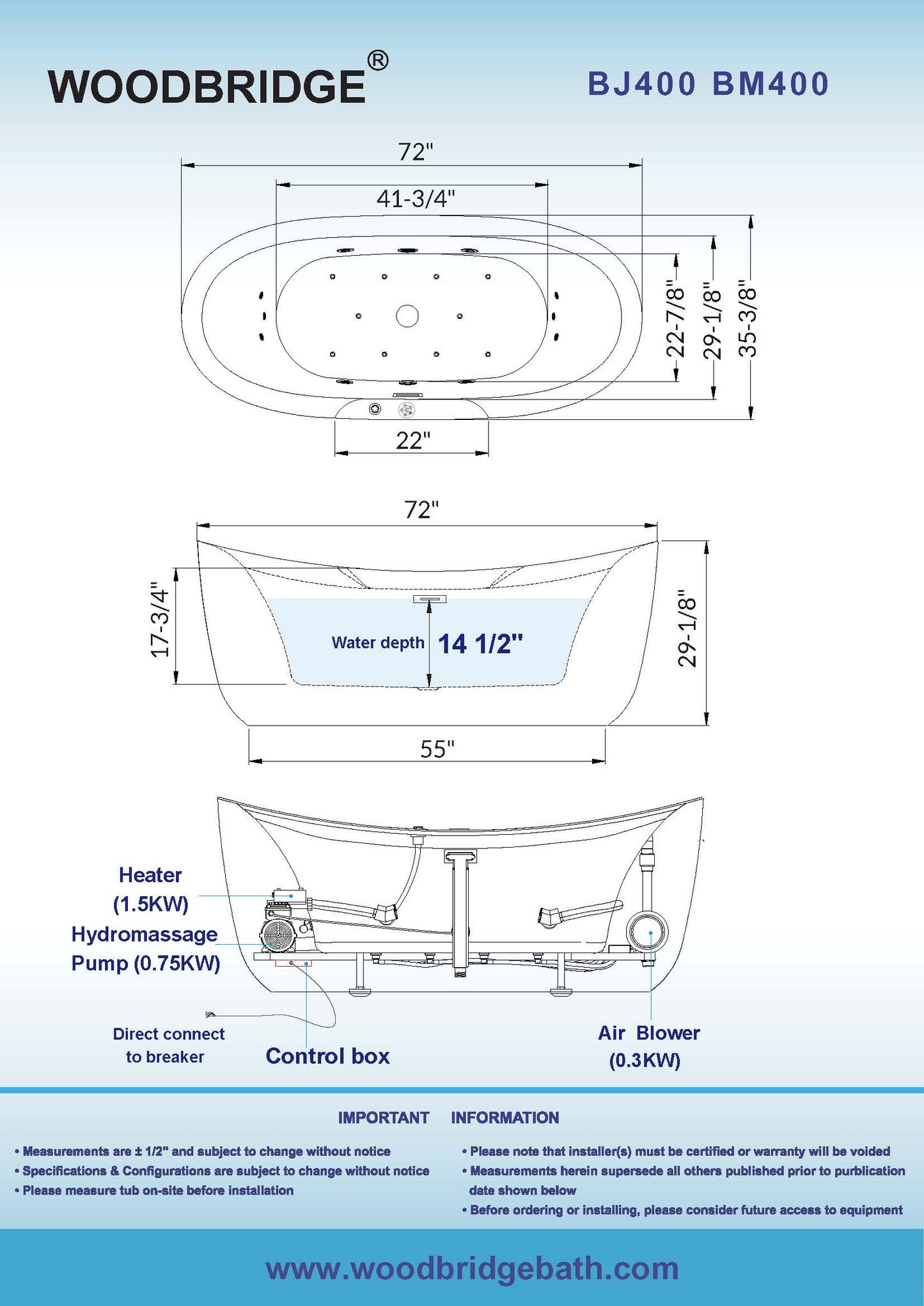 WOODBRIDGE BM400 72" x 35-3/8" Whirlpool Water Jetted and Air Bubble Freestanding Heated Soaking Combination Bathtub with LED Control Panel, Matte Black Finish Trim and Drain Kit