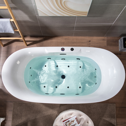 WOODBRIDGE BM400 72" x 35-3/8" Whirlpool Water Jetted and Air Bubble Freestanding Heated Soaking Combination Bathtub with LED Control Panel, Matte Black Finish Trim and Drain Kit