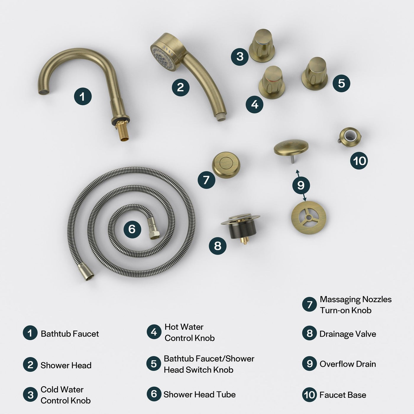 A set of gold-colored bathtub faucet fixtures for the Empava AIS Series Bathtubgs including a bathtub faucet, shower head, control knobs, turn-on knob, massaging nozzles, drainage valve, overflow drain, and faucet base.