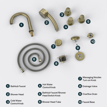 A set of gold-colored bathtub faucet fixtures for the Empava AIS Series Bathtubgs including a bathtub faucet, shower head, control knobs, turn-on knob, massaging nozzles, drainage valve, overflow drain, and faucet base.