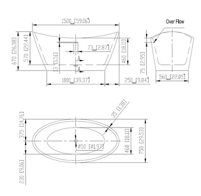 Empava EMPV-59FT1518 59" Acrylic Freestanding Deep Soaking Bathtub with Center Drain