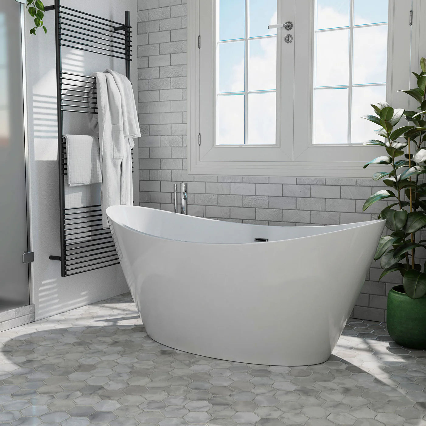 Empava EMPV-59FT1518 59" Acrylic Freestanding Deep Soaking Bathtub with Center Drain