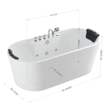 67" Freestanding Center Drain Tub | Whirlpool Jets & Dual Headrest