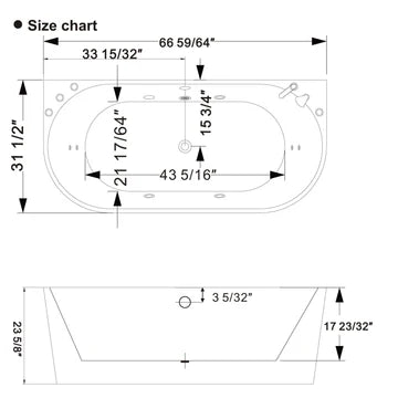 Empava 67AIS07 - 67" Freestanding 2 Person Whirlpool Bathtub with Center Drain