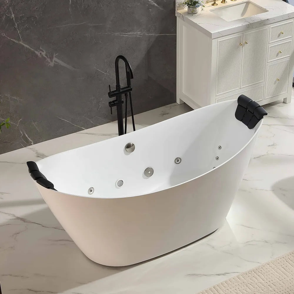 Empava EMPV-67AIS38-BN | 67" White Acrylic Double Slipper Whirlpool Bathtub |18 Jets Brushed Nickel Trim