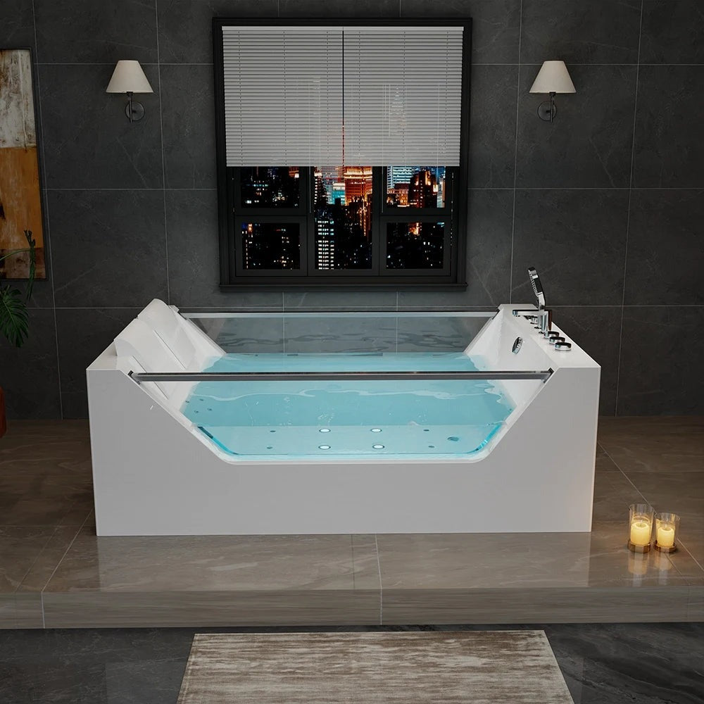 EMPV-71PRO01 71" L X 48" W X 24" H Freestanding Combo Massage Whirlpool Inline Heater 2-Person Bathtub with Dual Glass Design