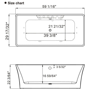 Empava EMPV-59AIS15 - 59" Freestanding Rectangular Whirlpool Tub with Center Drain