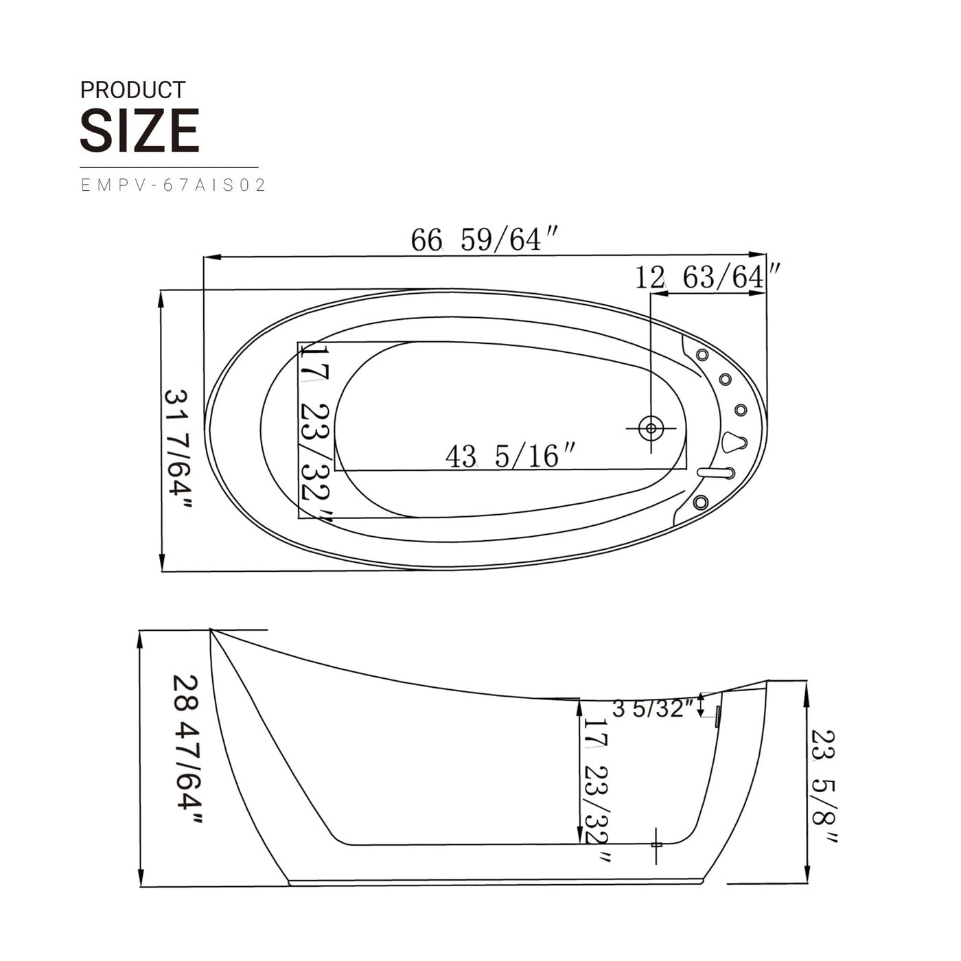 Empava 67" Freestanding Whirlpool Bathtub | 10 Hydro-Massage Jets | EMPV-67AIS02