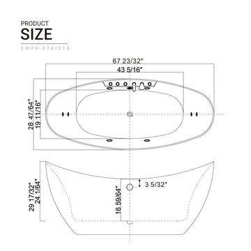 Empava 67AIS10 - 67" Freestanding Double Slipper Whirlpool Bathtub with Center Drain