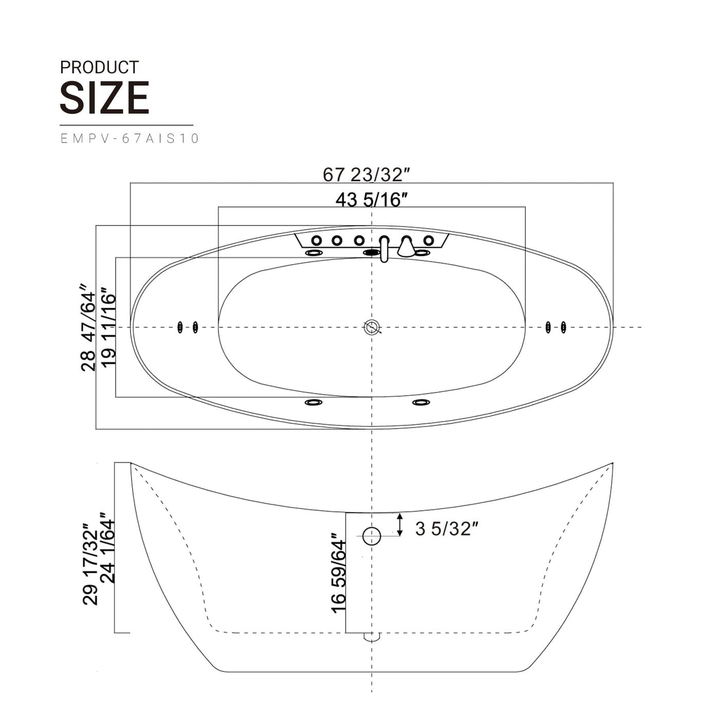 EMPV-67AIS13 | Empava 67" Oval Freestanding Whirlpool Tub with Center Drain & Headrest
