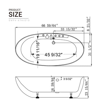Empava 67AIS13 - 67" Freestanding Oval Whirlpool Bathtub with Center Drain