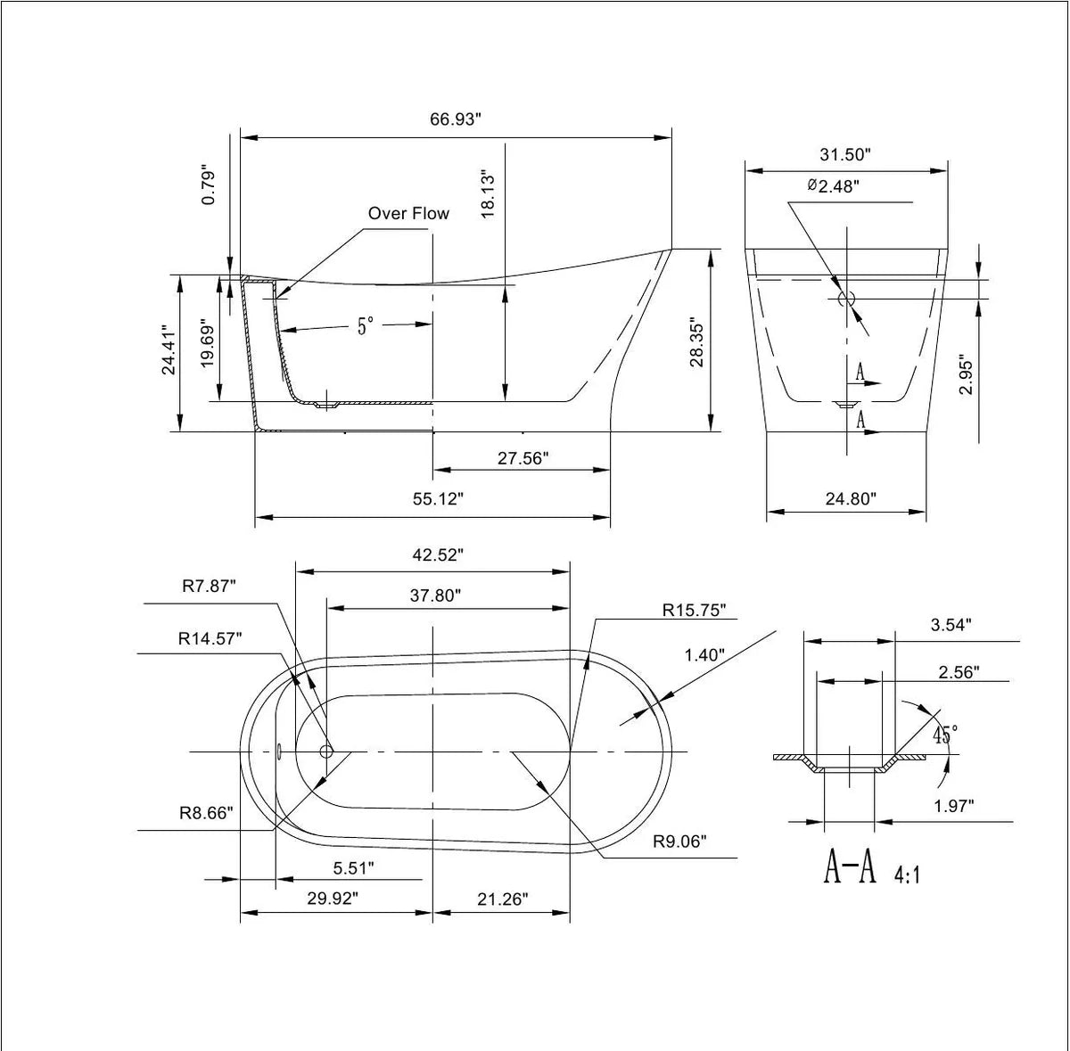 67" Modern Freestanding Slipper Soaking Bathtub | White Acrylic with Left Drain |  EMPV-67FT1528