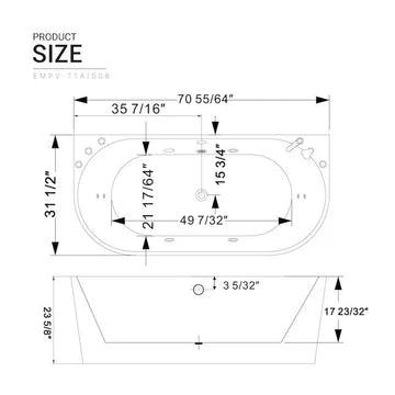 Empava 71AIS08 - 71" Freestanding Whirlpool Bathtub w/ Center Drain