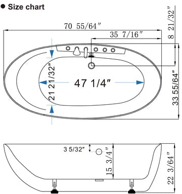 Empava 71AIS14 - 71" Oval Freestanding Big Whirlpool Bathtub with Center Drain