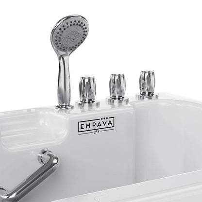 Close up of the Empava EMPV-54WIT Walk-in alcove soaking bathtub showing the shower head, hot and cold knobs, and integrated safety grab bar.