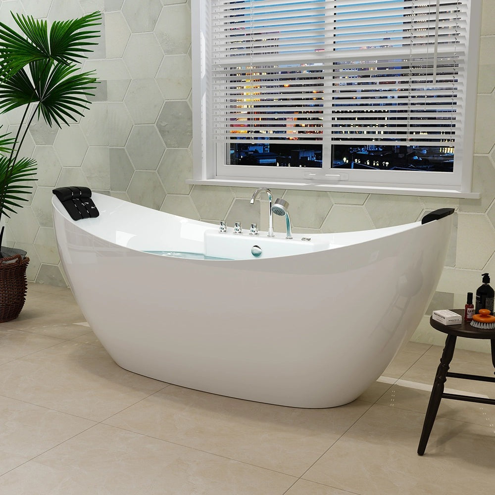 Empava 67" Boat-Shaped Freestanding Whirlpool Bathtub | 8 Hydro-Massage Jets | EMPV-67AIS10
