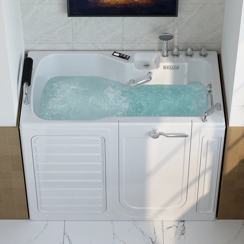 Empava EMPV-54WIT08 54" Alcove Inline Heater Jetted Whirlpool Walk-In Tub with Right Drain