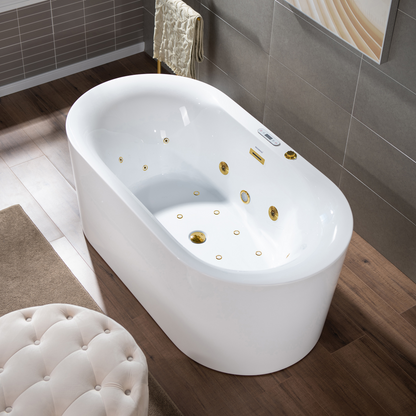 WOODBRIDGE BG100 | 59" x 31-1/2" Whirlpool Jet and Air Bath Heated Soaking Combination Tub with Adjustable Speed Air Massage and Display Control Panel with Brushed Gold Finish Trim and Drain