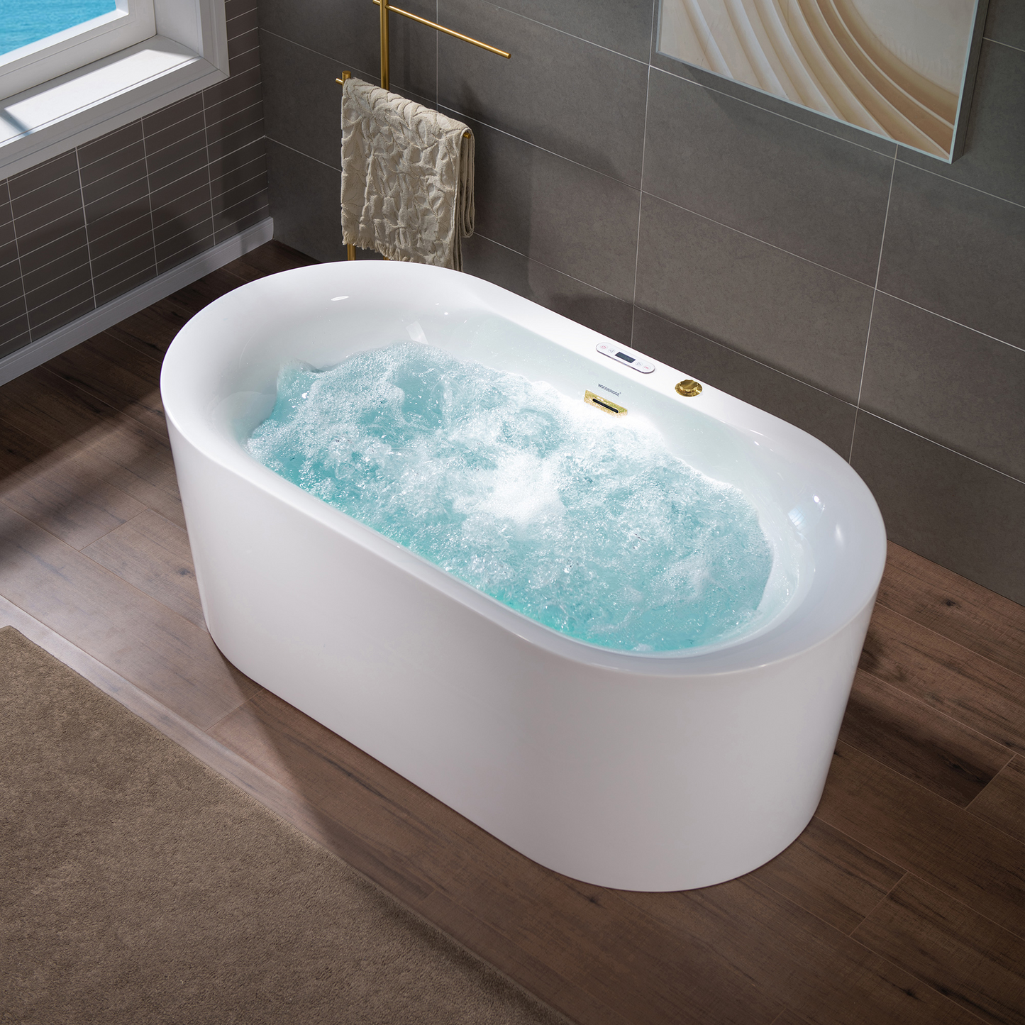 WOODBRIDGE BG100 | 59" x 31-1/2" Whirlpool Jet and Air Bath Heated Soaking Combination Tub with Adjustable Speed Air Massage and Display Control Panel with Brushed Gold Finish Trim and Drain