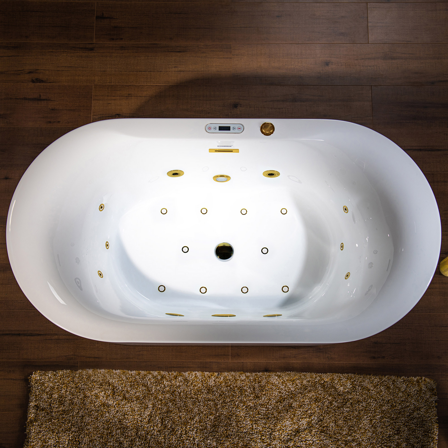 WOODBRIDGE BG100 | 59" x 31-1/2" Whirlpool Jet and Air Bath Heated Soaking Combination Tub with Adjustable Speed Air Massage and Display Control Panel with Brushed Gold Finish Trim and Drain