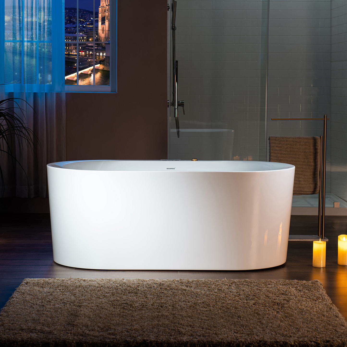 WOODBRIDGE BG100 | 59" x 31-1/2" Whirlpool Jet and Air Bath Heated Soaking Combination Tub with Adjustable Speed Air Massage and Display Control Panel with Brushed Gold Finish Trim and Drain