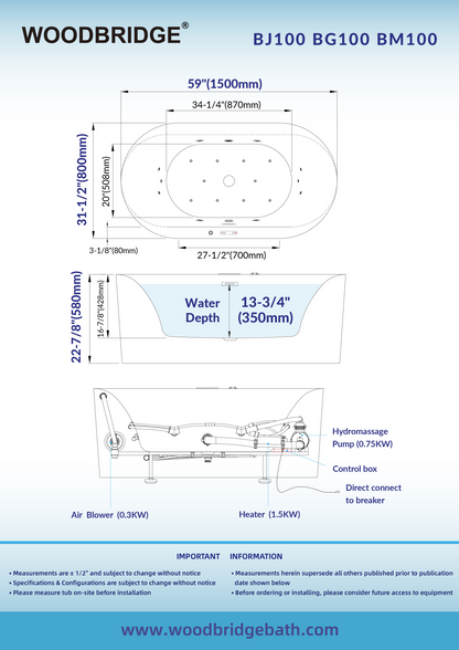 WOODBRIDGE BG100 | 59" x 31-1/2" Whirlpool Jet and Air Bath Heated Soaking Combination Tub with Adjustable Speed Air Massage and Display Control Panel with Brushed Gold Finish Trim and Drain