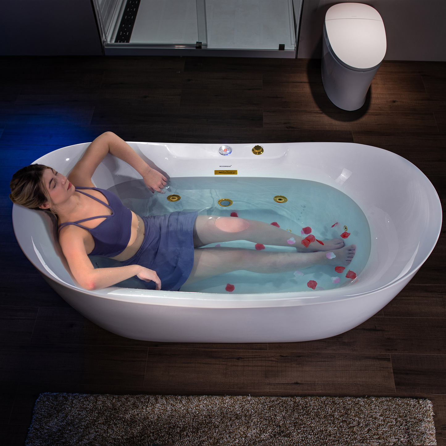 WOODBRIDGE BG400 | 72" x 35-3/8" Whirlpool and Air Bath Heated Soaking Combo Tub with Adjustable Speed Air Blower and Display Control Panel, Brushed Gold Finish Trim and Drain