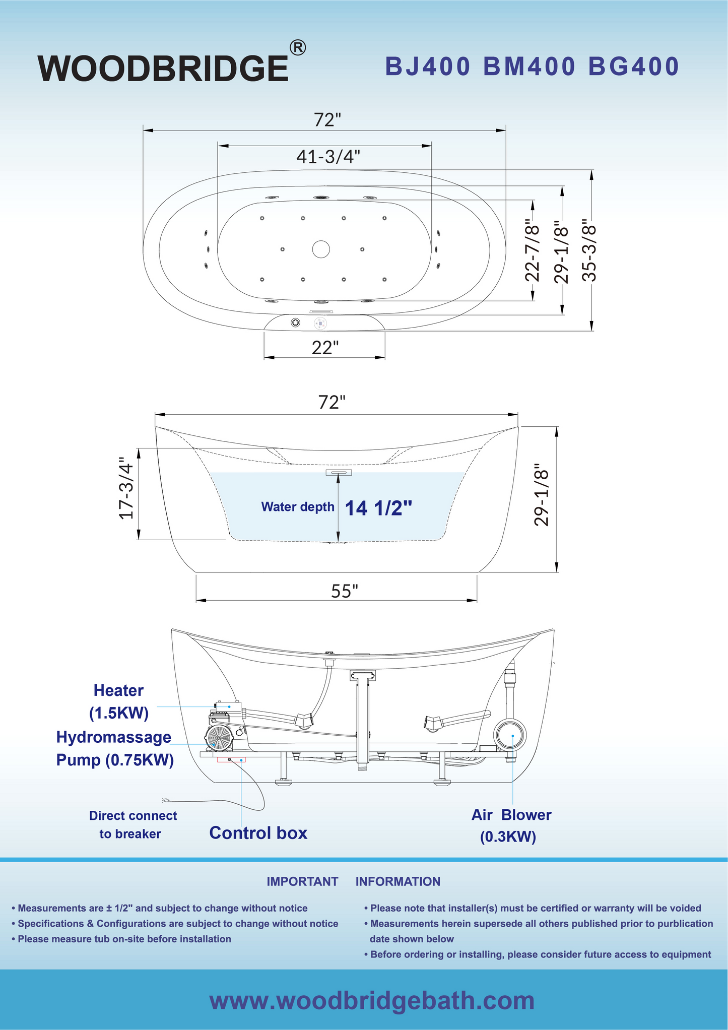 WOODBRIDGE BG400 | 72" x 35-3/8" Whirlpool and Air Bath Heated Soaking Combo Tub with Adjustable Speed Air Blower and Display Control Panel, Brushed Gold Finish Trim and Drain
