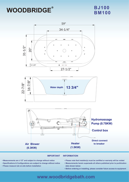 WOODBRIDGE BM100 | 59" x 31-1/2" Whirlpool and Air Bath Heated Soaking Combination Tub with Adjustable Speed Air Blower and Display Control Panel, Matte Black Finish Trim and Drain Kit