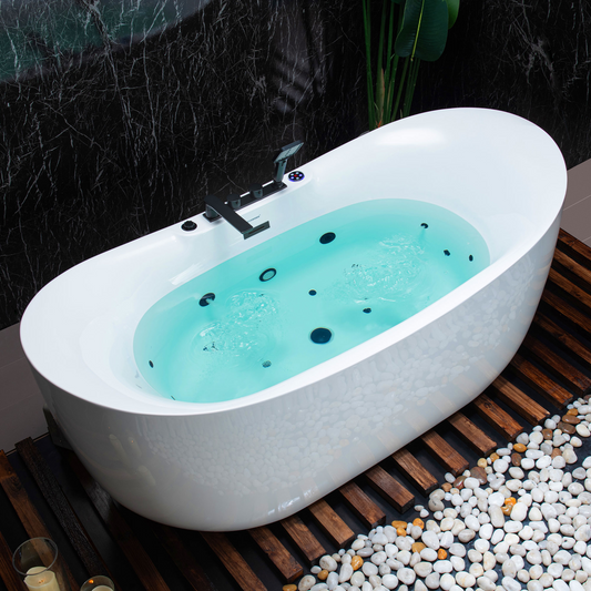 WOODBRIDGE BM400+F0051MB | 72" x 35-3/8" Whirlpool and Air Bath Heated Soaking Combination Tub with Adjustable Speed Air Blower, Tub Filler, and LED control panel, Matte Black Finish Trim and Drain Kit