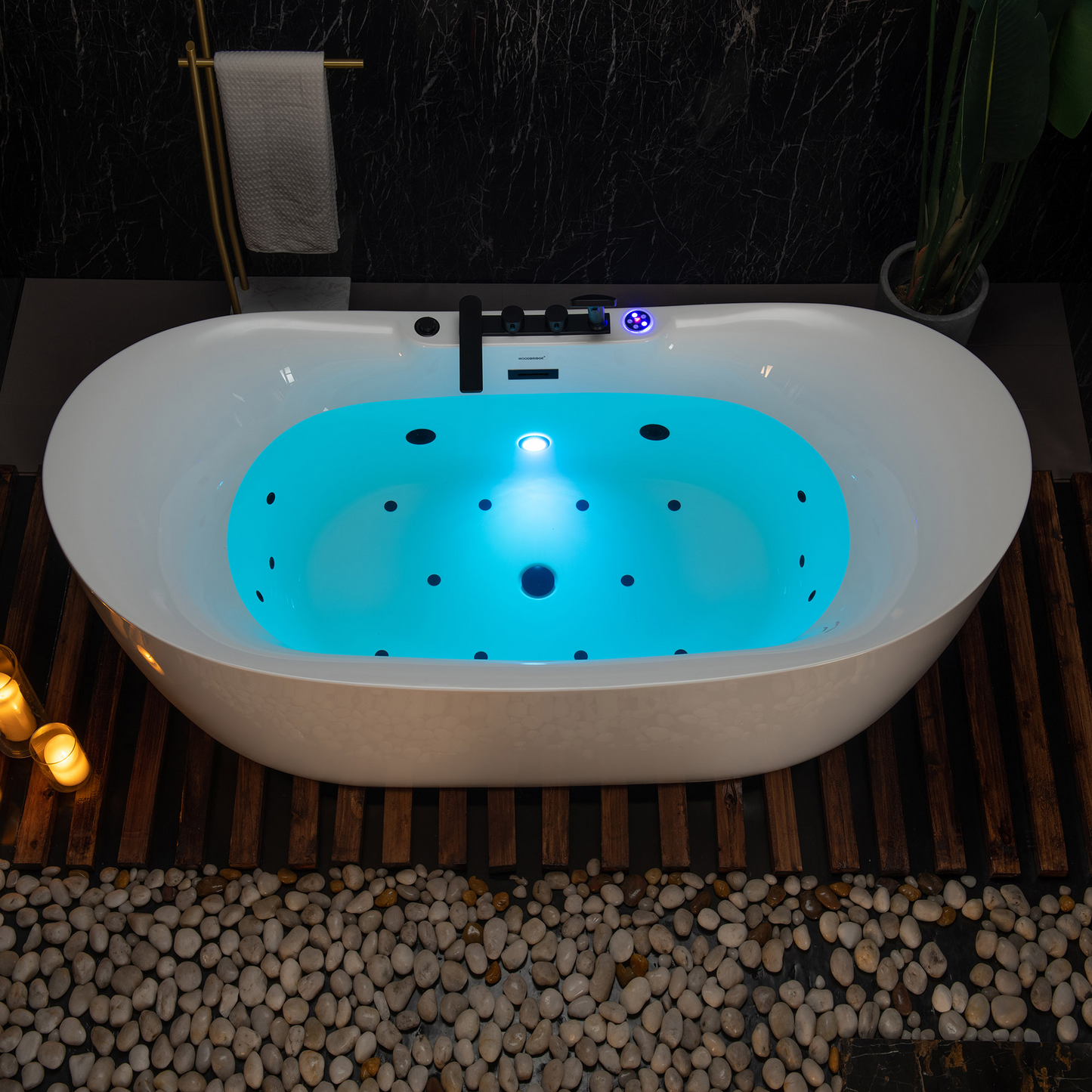 WOODBRIDGE BM400+F0051MB | 72" x 35-3/8" Whirlpool and Air Bath Heated Soaking Combination Tub with Adjustable Speed Air Blower, Tub Filler, and LED control panel, Matte Black Finish Trim and Drain Kit