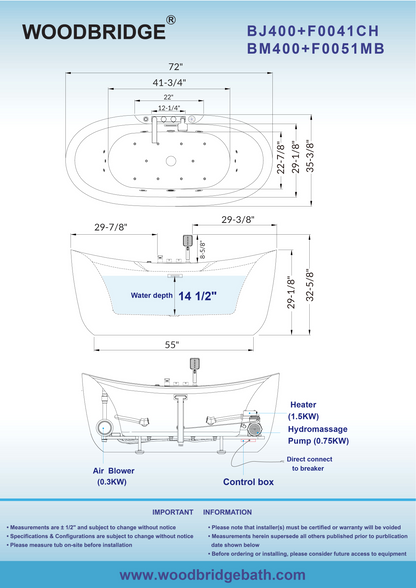 WOODBRIDGE BM400+F0051MB | 72" x 35-3/8" Whirlpool and Air Bath Heated Soaking Combination Tub with Adjustable Speed Air Blower, Tub Filler, and LED control panel, Matte Black Finish Trim and Drain Kit
