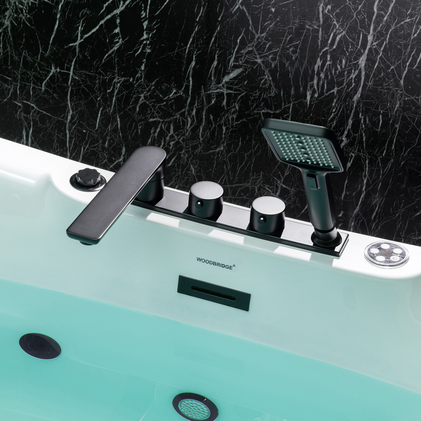 WOODBRIDGE BM400+F0051MB | 72" x 35-3/8" Whirlpool and Air Bath Heated Soaking Combination Tub with Adjustable Speed Air Blower, Tub Filler, and LED control panel, Matte Black Finish Trim and Drain Kit