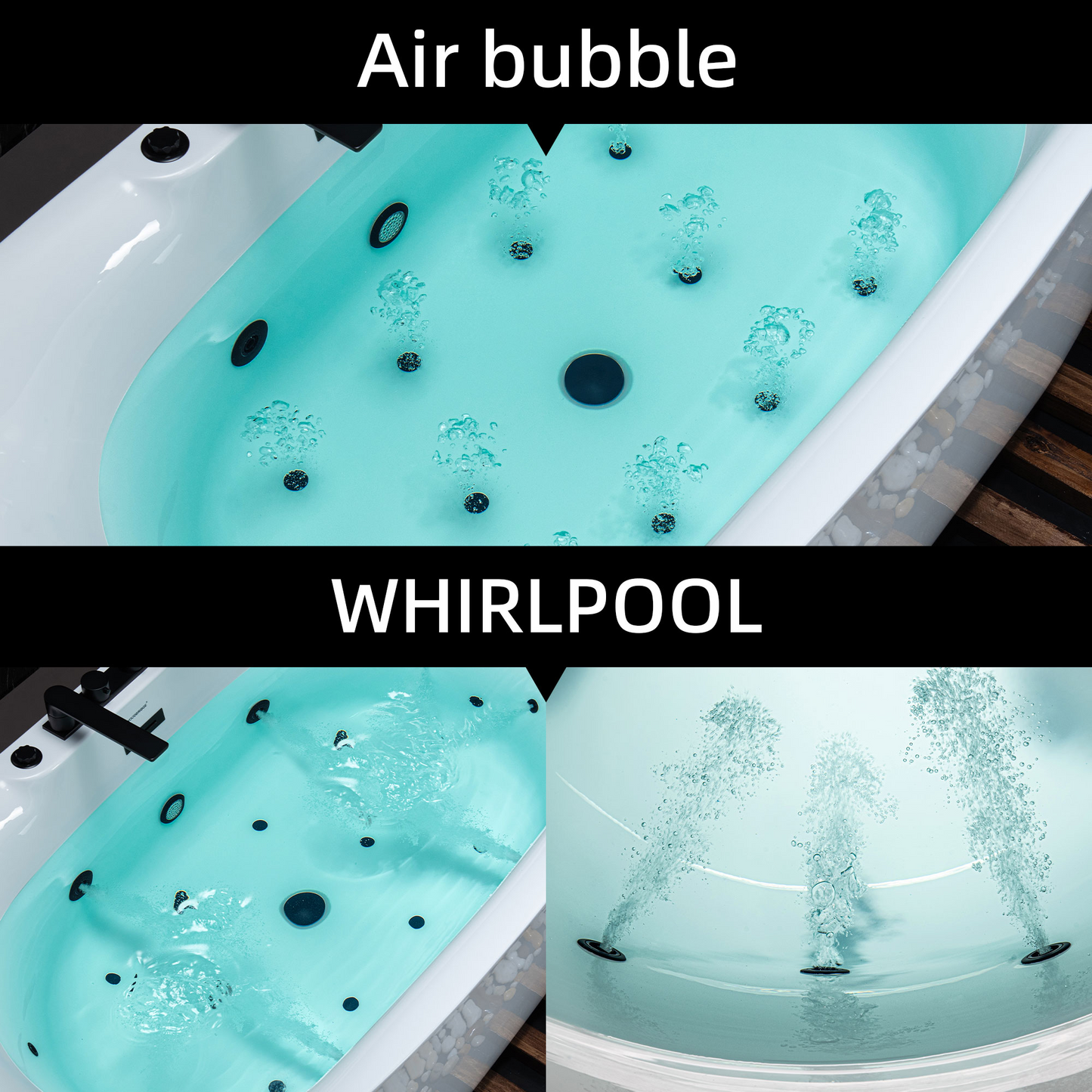 WOODBRIDGE BM400+F0051MB | 72" x 35-3/8" Whirlpool and Air Bath Heated Soaking Combination Tub with Adjustable Speed Air Blower, Tub Filler, and LED control panel, Matte Black Finish Trim and Drain Kit