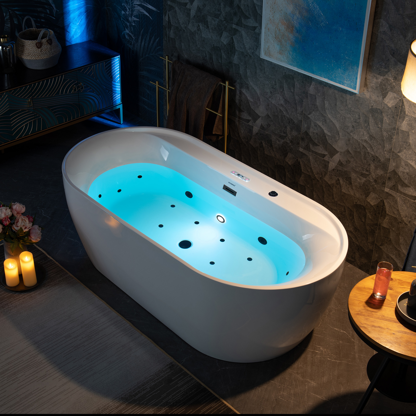 WOODBRIDGE BM500 | 72" x 35-3/8" Whirlpool and Air Bath Heated Soaking Combination Tub with Adjustable Speed Air Blower and Digital Control Panel, Matte Black Finish Trim and Drain Set