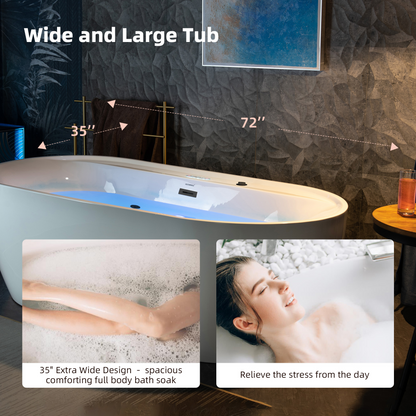 WOODBRIDGE BM500 | 72" x 35-3/8" Whirlpool and Air Bath Heated Soaking Combination Tub with Adjustable Speed Air Blower and Digital Control Panel, Matte Black Finish Trim and Drain Set