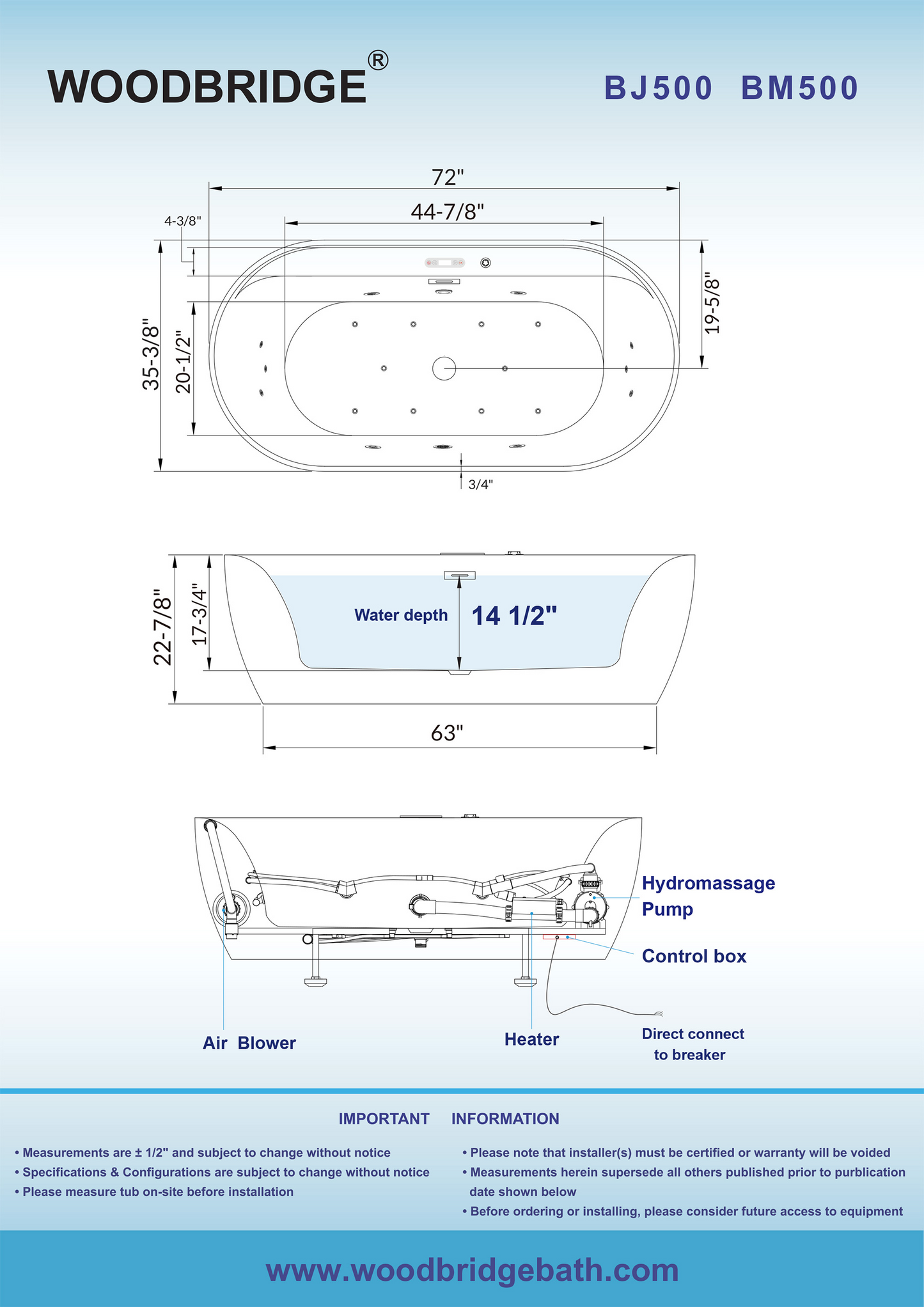 WOODBRIDGE BM500 | 72" x 35-3/8" Whirlpool and Air Bath Heated Soaking Combination Tub with Adjustable Speed Air Blower and Digital Control Panel, Matte Black Finish Trim and Drain Set