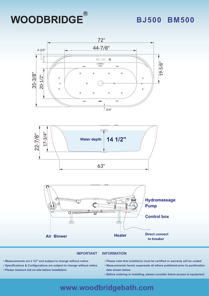 WOODBRIDGE BM500 | 72" x 35-3/8" Whirlpool and Air Bath Heated Soaking Combination Tub with Adjustable Speed Air Blower and Digital Control Panel, Matte Black Finish Trim and Drain Set