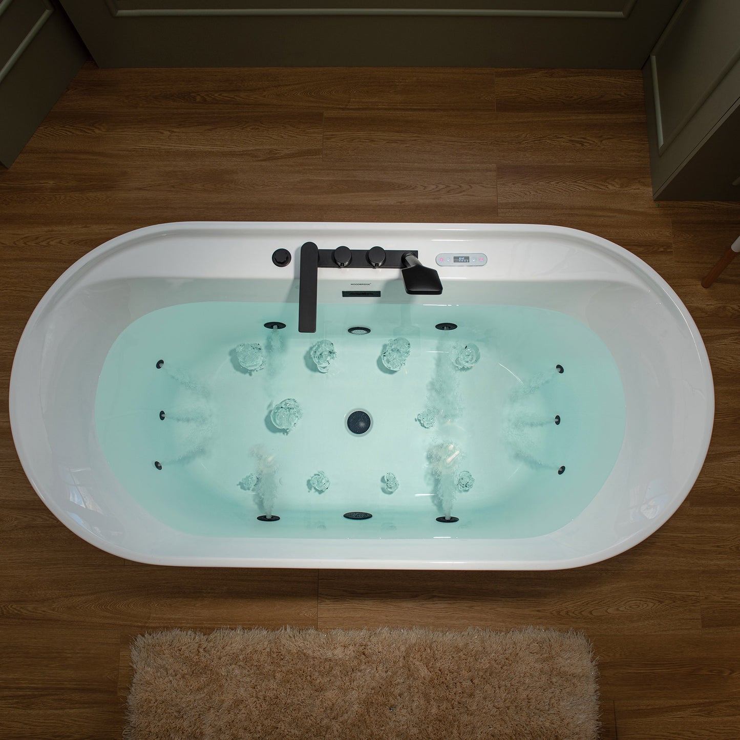 WOODBRIDGE BM500+F0051MB | 72" x 35-3/8" Whirlpool and Air Bath Heated Soaking Combination Tub with Adjustable Speed Air Blower, Tub Filler, and LED control panel, Matte Black Finish Trim and Drain Kit