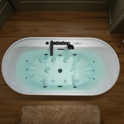 WOODBRIDGE BM500+F0051MB | 72" x 35-3/8" Whirlpool and Air Bath Heated Soaking Combination Tub with Adjustable Speed Air Blower, Tub Filler, and LED control panel, Matte Black Finish Trim and Drain Kit