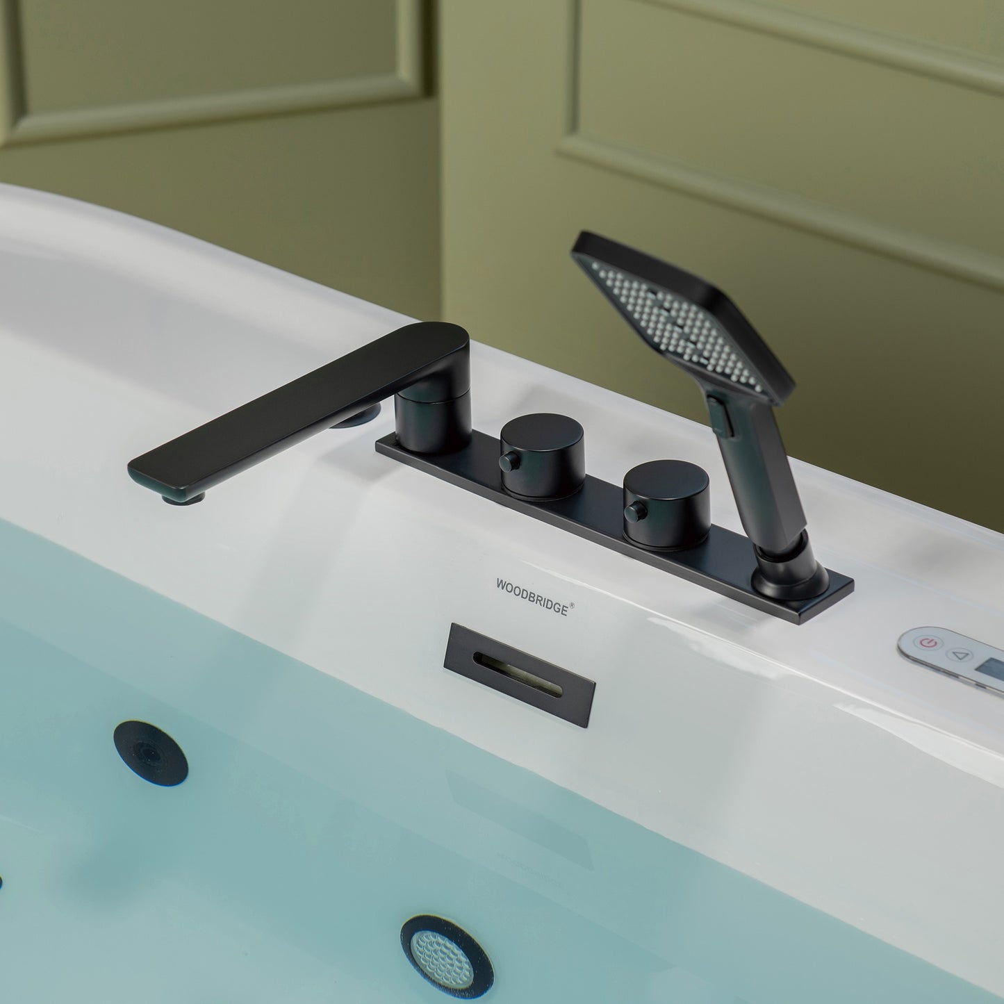 WOODBRIDGE BM500+F0051MB | 72" x 35-3/8" Whirlpool and Air Bath Heated Soaking Combination Tub with Adjustable Speed Air Blower, Tub Filler, and LED control panel, Matte Black Finish Trim and Drain Kit