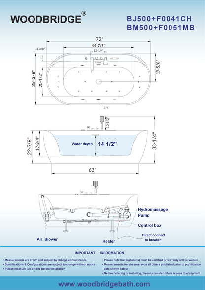 WOODBRIDGE BM500+F0051MB | 72" x 35-3/8" Whirlpool and Air Bath Heated Soaking Combination Tub with Adjustable Speed Air Blower, Tub Filler, and LED control panel, Matte Black Finish Trim and Drain Kit
