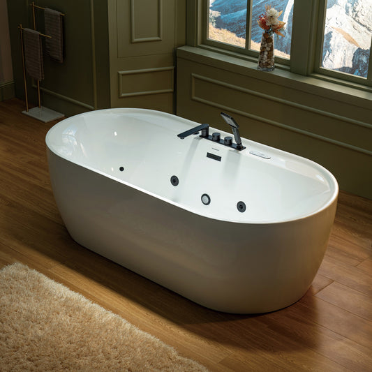WOODBRIDGE BM500+F0051MB | 72" x 35-3/8" Whirlpool and Air Bath Heated Soaking Combination Tub with Adjustable Speed Air Blower, Tub Filler, and LED control panel, Matte Black Finish Trim and Drain Kit