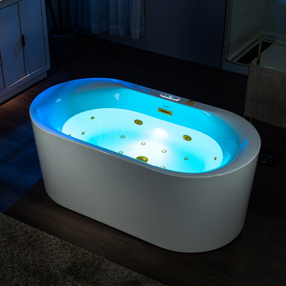 Woodbridge BG100 59" air and whirlpool freestanding tub with glowing chromatherapy LED lights, showcasing spa-like ambiance for bathroom relaxation.png