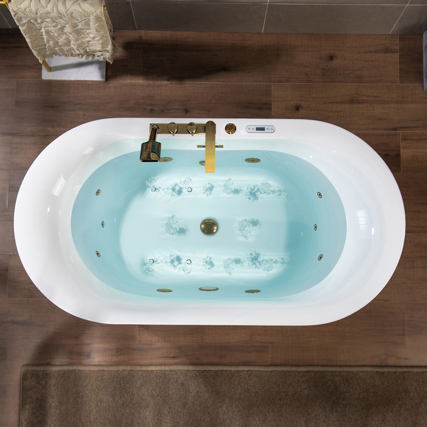 WOODBRIDGE BG100+F0045BG | 59" x 31-1/2" Whirlpool and Air Bath Heated Soaking Combo Tub with Brushed Gold Faucet