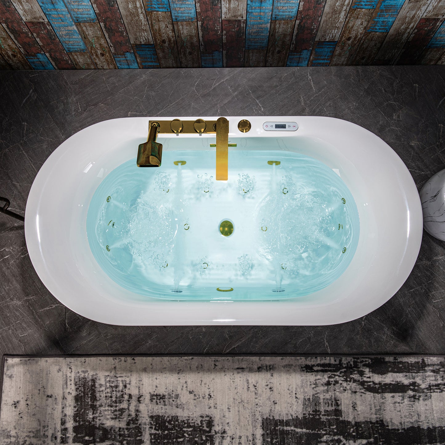 WOODBRIDGE BG100+F0045BG | 59" x 31-1/2" Whirlpool and Air Bath Heated Soaking Combo Tub with Brushed Gold Faucet