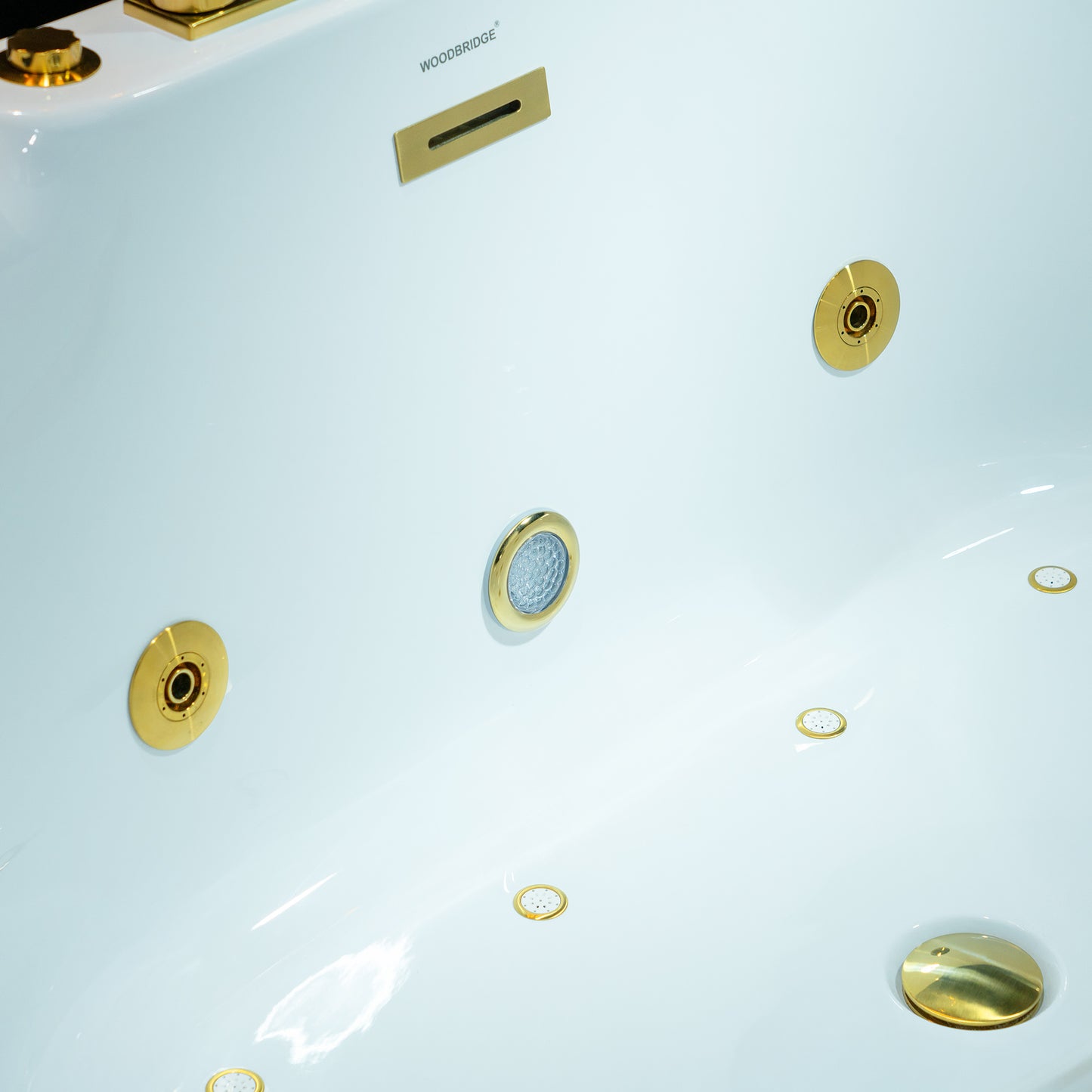 WOODBRIDGE BG100+F0045BG | 59" x 31-1/2" Whirlpool and Air Bath Heated Soaking Combo Tub with Brushed Gold Faucet